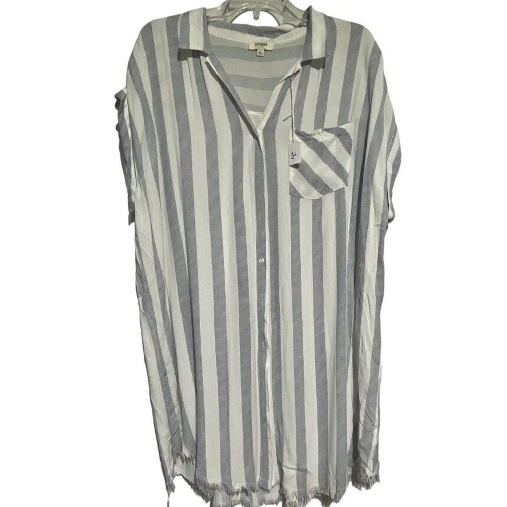 Umgee USA Ladies Short Sleeve Button Down Shirt Striped White‎ Navy Blue Size L